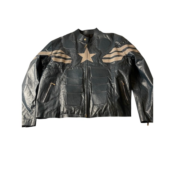 Mens Captain America Leather Jacket Star Shield Design Moto Biker XXL